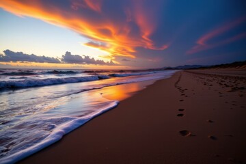Fototapeta premium Scenic sunset over ocean shoreline with colorful clouds reflecting on wet sand and gentle waves, tranquil beach scene with footprints at twilight