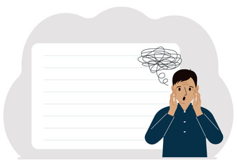 Bad thoughts concept. A man feels depressed with thoughts after negative events, unhappy, suffering, sadness, depression.