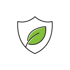 Obraz premium A clean line art icon depicting a green leaf nestled within a protective shield, symbolizing environmental safety, ecological security, and sustainable practices.