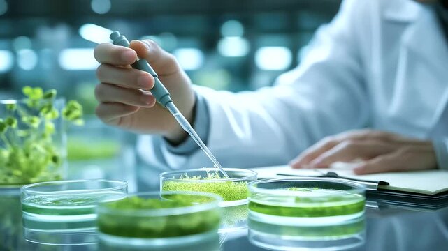 A researcher edits plant cells in a botany lab with pipettes dispensing petri dishes incubating growth chambers humming and a notebook logging traits shown in a green photo