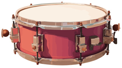 Close-up studio shot of a red snare drum against a white background. The drum is predominantly red with gold-colored hardware.  The image shows details of the drum's shell, rims, and tension rods.