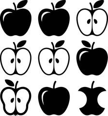 A Collection of Stylized Apple Illustrations Displaying Various Forms From Whole Fruit to Core Remains Representing Nature's Bounty and Healthy Eating Choices
