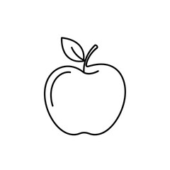 A crisp, minimalist black and white outline drawing of a fresh apple with a stem and a leaf, perfect for health, education, and modern graphic design.