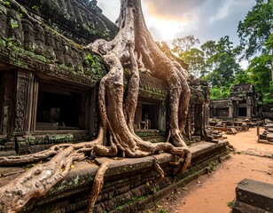 Ancient stone structures embraced by powerful tree roots, showcasing a serene and timeless atmosphere.