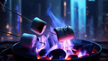 Marshmallows roasting over vibrant flames