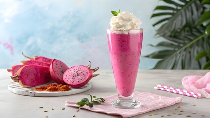Exotic Dragon Fruit Milkshake in Bright Pink Against Light Dreamy Backdrop &ndash; Tropical Creamy Beverage, Vibrant Refreshing Dessert Drink, Gourmet Fruit Photography