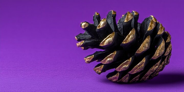 Pine cone painted black with golden tips on vivid purple background. Minimal Halloween still life symbolizes dark elegance and autumn mystery.