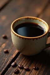 Dark roast coffee in ceramic mug, wood grain visible , table, beverage