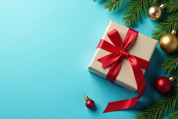 Flatlay Christmas card mockup Gift, gold balls & ribbon on blue Plenty of space , elegant, winter, christmas design
