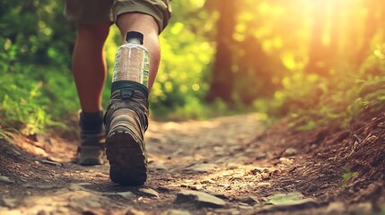 Sun-drenched forest trail adventure Hiker's journey through vibrant green woods with golden light