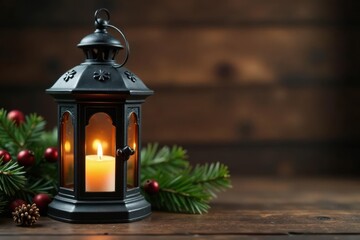 Ornate black lantern, Christmas spirit, wooden backdrop, shadow, texture, holiday season