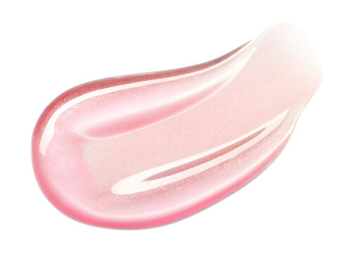 Pink lip gloss texture isolated on white background. Smudged cosmetic lipgloss product smear. Makeup swatch product sample
