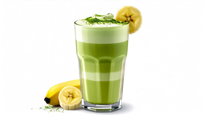 Banana Matcha Latte Drink in Tall Transparent Glass with Banana Slice Garnish