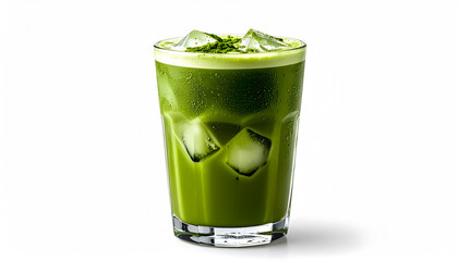Iced Matcha Latte with Ice Cubes and Foamy Top in Clear Glass