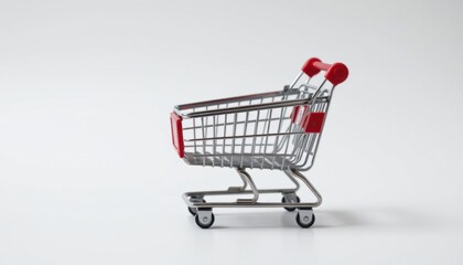 Small empty shopping cart with red handle on a clean white background for retail commerce online shopping or grocery store concept