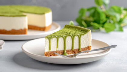Slice of Matcha Cheesecake with Creamy White Layer and Green Topping on Plate