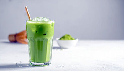 Matcha Drink with Clear Jelly Pearls Served in Glass with Straw Cold Refreshing Cafe Style