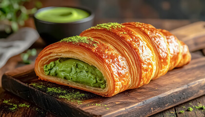 Buttery Flaky Croissant Filled with Creamy Matcha Cream on Rustic Wooden Board