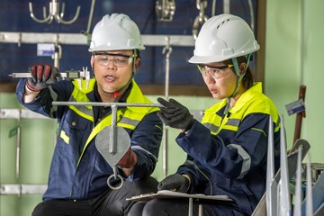 Vernier Caliper: Two Engineers Teamwork Performing Anchor Inspection for Precision Marine Equipment Mentor Teaching Anchor Measurement Process Technicians in Helmets Inspecting Anchor Detail.