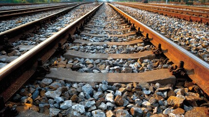 Naklejka premium Close-Up View of Train Tracks and Gravel Bed under Clear Blue Sky during Sunset in Urban Setting