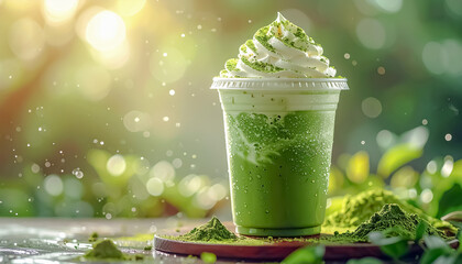 Icy Blended Matcha Frappé in Clear Cup with Dome Lid and Whipped Cream Topping