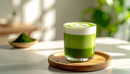 Pandan Matcha Latte with Layered Green and Cream Colors in Glass Cup on Wooden Coaster
