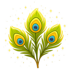 "Vector illustration of three vibrant peacock feathers with green, blue, and yellow hues, arranged in a decorative style, isolated on white background, perfect for Indian cultural, festive, and design