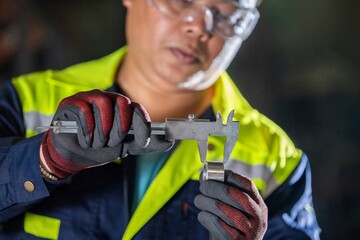 Engineer Using Caliper for Manual Inspection of Metal Part Machinist Checking Equipment in a Dirty and Messy Workshop Engineer with Safety Glasses Using Precision Tool on Machinery.