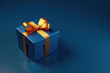 Sophisticated blue gift box with golden bow, copy space Dark blue backdrop , special, present, copy space