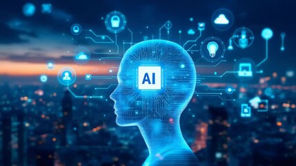 Glowing blue silhouette of a human head with AI icons and connections against a cityscape at dusk with a futuristic mood. - Powered by Adobe