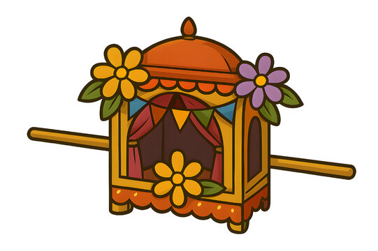 Traditional Indian palki (palanquin) isolated on a white background. Beautifully decorated with intricate patterns, used historically for carrying royalty or brides. Perfect for cultural, heritage, or