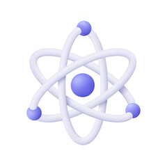 Atom model with a central nucleus and orbiting electrons. Nuclear energy, scientific research, molecular chemistry, physics science and research concept. 3d vector icon. Cartoon minimal style.