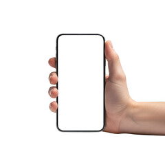 Hand holding modern smartphone with black screen for mockups and app previews transparent background