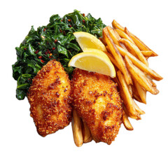 A plate of food with two pieces of fried chicken, a lemon wedge