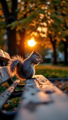 Obraz premium Squirrel Sitting on a Park Bench Du Sunset with Autumn Foliage Creating a Warm and Peaceful Fall Scene in a Nature Setting