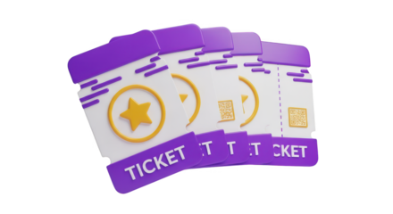 Purple tickets with star and qr code isolated on transparent background