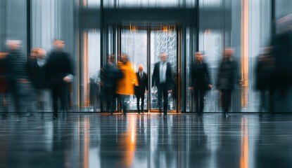 Blurred figures enter modern building with revolving door; dynamic motion depicted, business environment