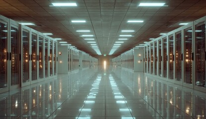 Long, symmetrical corridor of servers, brightly lit with rows of data storage