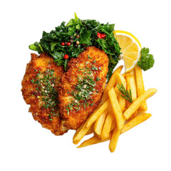 A plate of food with two pieces of fried chicken, a side of fries
