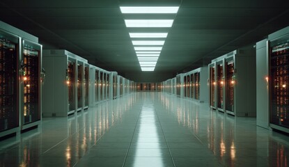 Server room with rows of cabinets, lit by overhead lights, creating a futuristic hallway