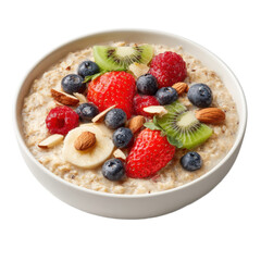 A bowl of oatmeal with blueberries, strawberries, and kiwi
