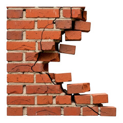 Cracked red brick wall texture detail with missing sections and subtle cracks transparent background