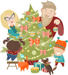 Family decorating a Christmas tree. Vector illustration