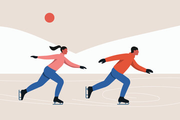 Man and woman ice skating on frozen lake in winter landscape, wearing jackets and gloves, moving fast on ice, outdoor seasonal sport and holiday activity. Flat vector illustration