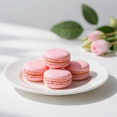 Obraz premium Soft pastel pink macarons arranged on white ceramic plate with blurred light green leaves and pale pink buds, natural daylight and photo-realistic texture