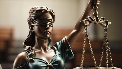 Blindfolded female figure of justice gracefully holds balanced scales, symbolizing fairness and impartiality in a courtroom setting, showcasing the essence of legal principles and truth