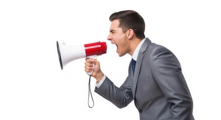 A man in a gray suit yells into a white and red megaphone his mouth wide open against a plain white background