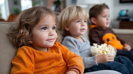 Fototapeta premium Kids enjoying a movie night at home with popcorn and cozy sweaters in a warm living room setting