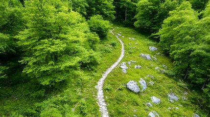 Winding Trail Through Lush Green Forest A Path to Serenity and Nature's Beauty
