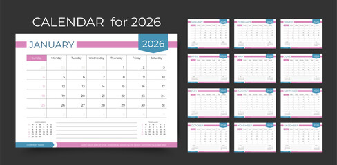 2026 calendar. Planner template. Week starts Sunday. Yearly calender organizer layout. Scheduler grid for desk. Monthly diary with 12 month. Vector illustration. Horizontal landscape design, A5.